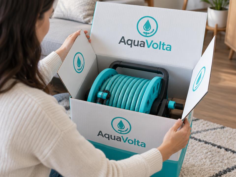 Cliente abrindo a caixa com a AquaVolta dentro, em casa